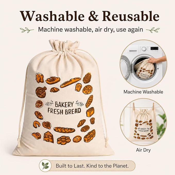 2 Pack Reusable Cotton Bread Bags for Homemade Bread, 16 x 12 Inch Drawstring Bread Storage Bags, Washable Cloth Bags for Sourdough Loaves, Baguettes, Bakery Bread, Rolls, Pastries and Produce