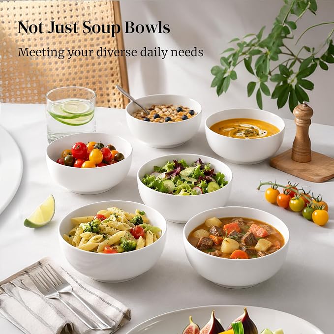 DOWAN 22 OZ White Ceramic Bowls Set of 6 - Perfect for Soup Bowls for Kitchen, Cereal Bowl, Ramen Bowl, Dishwasher & Microwave Safe