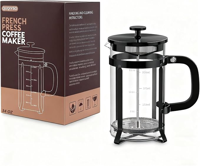 QUQIYSO French Press 34oz, Stainless Steel and Thickened Glass Coffee Maker | 4 Filter Heat-Resistant Borosilicate Glass Coffee Press, Easy to Clean, Suitable for Kitchen Party Camping Gifts(Black)