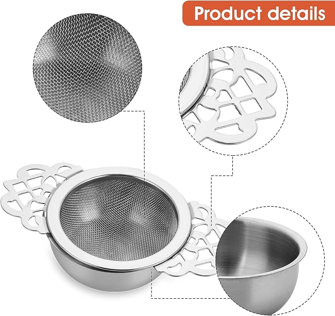 2 Pack Small Fine Mesh Tea Strainers with Bowl, Stainless Steel Loose Tea Infusers Strainers 7 cm Diameter Tea Filter with Double Wing Extender Ideal for Loose Tea Juice Coffee Filter
