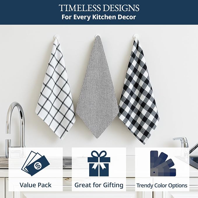LANE LINEN Kitchen Dish Towels Set of 12 – 18”x28” Soft & Quick-Drying Hand and Tea Towels, Premium Decorative Kitchen Towel – Black