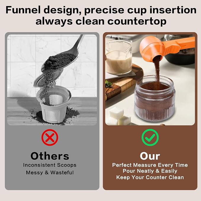 2-in-1 Coffee Scoop with Funnel, 2 Tbsp Measuring Spoon for Reusable K Cups, Ground Coffee, Protein Powder & Tea, Mess-Free Plastic Design（Orange-2pack）