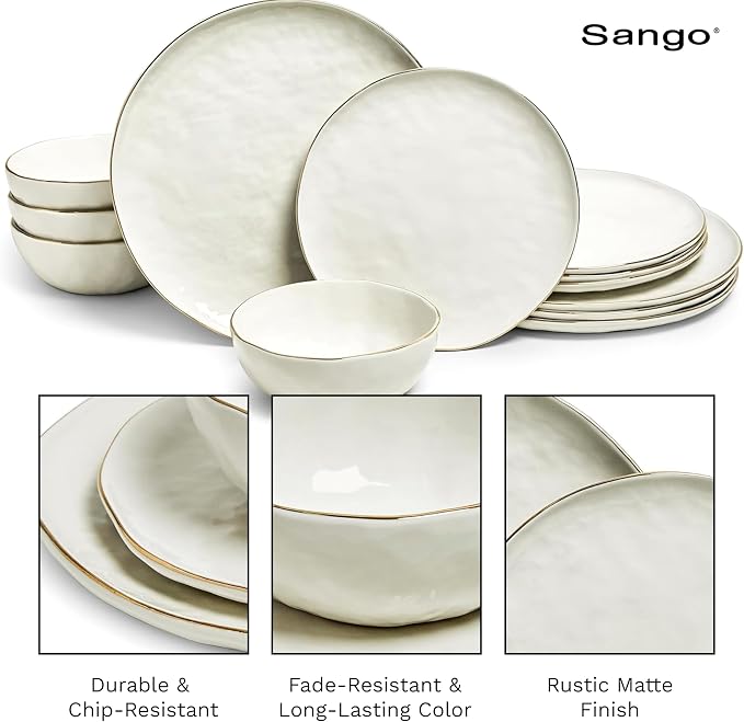 Sango 12-Piece Lightweight Porcelain Dinnerware Set for 4, Glossy Vanilla White Plates and Bowls Sets, Gold Rims, Farmhouse Ceramic Dish Set, Rustic Dishes, Microwave and Dishwasher Safe, Gansevoort