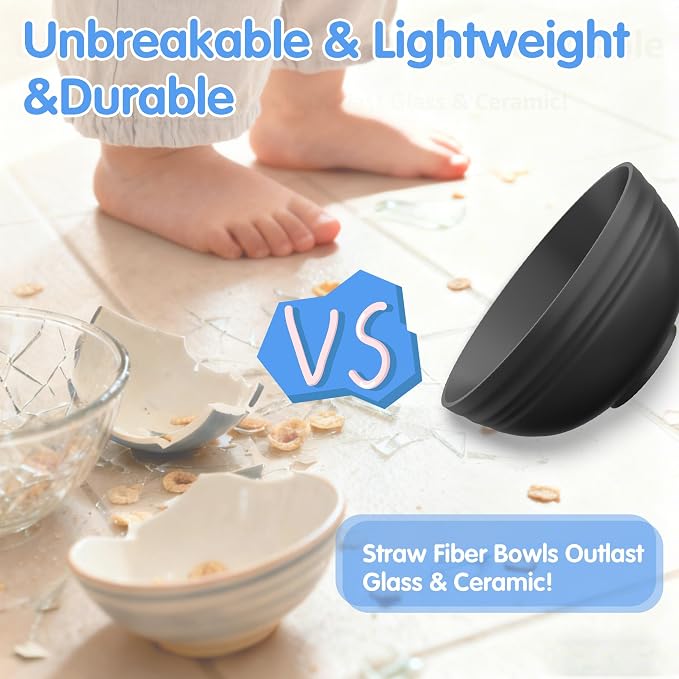 Quatish 14 PCS Unbreakable Cereal Bowls,Dishwasher & Microwave Safe Wheat Straw Bowls, Easy-to-Clean Lightweight Desserts & Soup Bowl, Portable for Picnics ，Snack Plastic Bowls Set,Black