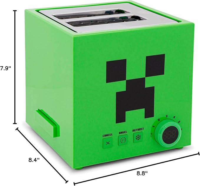 Minecraft Green Creeper 2-Slice Toaster For Bagels, Waffles, and Breads | Features 6 Settings With Defrost Option | Imprints Creeper Symbol On Bread