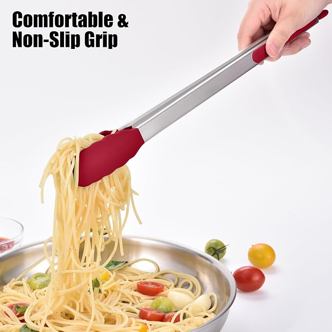 Doosu Kitchen Tongs with Silicone Tips for Cooking Serving (16in, Red) | 600°F Heat Resistant Food Tong, Heavy Duty Stainless Steel Locking Tong for BBQ, Grilling Steak, Salad, Toast, Pasta