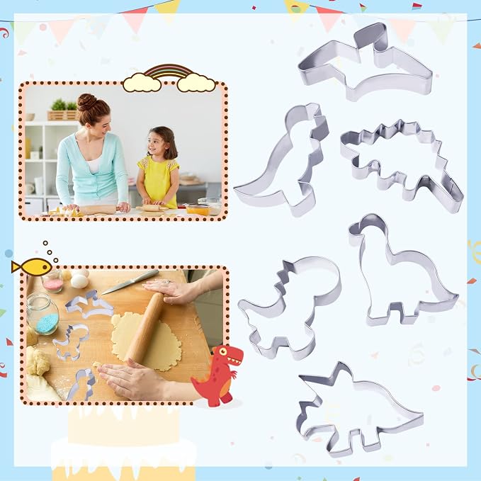hitsuki Dinosaur Cookie Cutters,Stainless Steel Metal Fun Dino Cookie Cutter for Kids Dinosaur Pancake Molds,6 Pcs