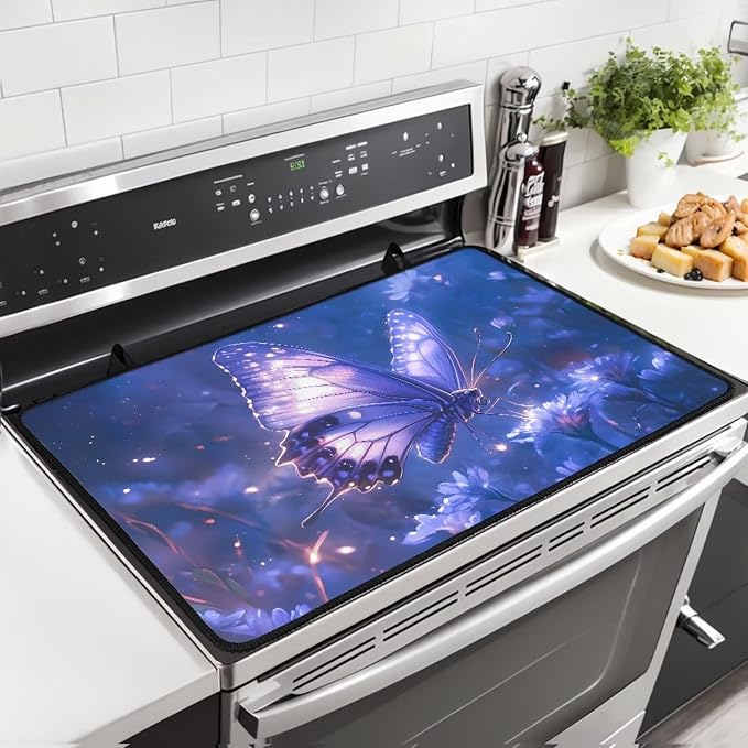 Butterfly Purple Stove Top Cover for Electric Stove, Multifunctional Stove Mat, Heart Resistant Cooktop Cover, Folding Range Top Cover, Countertop Dust Protection Cover, 30 x21 Inches