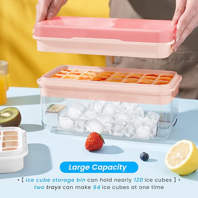 1" Ice Cube Tray with Lid and Bin, Easy Release 64 Cubes for Freezer | Food-grade BPA-free PP and ABS. 1" x 64pcs ice cubes for fruit whiskey, cocktails. Space-saving, stackable with scoop