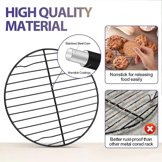 P&P CHEF 7.5 Inch Cooking Rack Round for Steaming Cooling, Black, 2 Pack | Stainless Steel Round Wire Rack for Baking Grilling, Roasting, Fits Air Fryer, Steamer Pot, Oven & Dishwasher Safe
