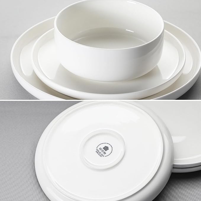 MALACASA 18 Pcs Porcelain Plates and Bowls Sets,Dinnerware Set for 6,White | Modern Ceramic Dishware,Kitchen Dining Ware,Microwave and Dishwasher Safe,Simple Solid White Design,Series LUNA
