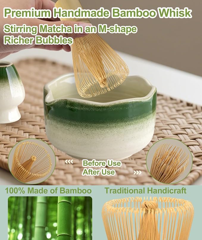 JBER Matcha Set, 7PCS Ceramic Matcha Whisk Set for Matcha Tea Ceremony | Ceramic Matcha Kit Includes 17oz Bowl, Bamboo Whisk (Chasen), Holder, Spoon, Powder Sifter for Matcha Making - Green