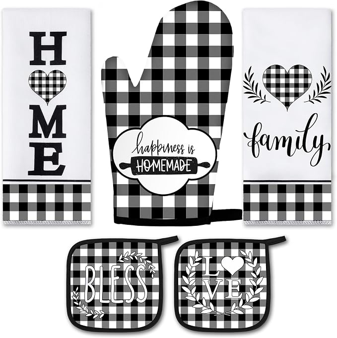 5 Pcs Buffalo Plaid Kitchen Towels Oven Mitts and Pot Holder Set,Heart | Heart Checkered Kitchen Decor, Black and White Kitchen Towels Oven Gloves, Heart Farm House Accessories Decor, High Quality