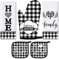 5 Pcs Buffalo Plaid Kitchen Towels Oven Mitts and Pot Holder Set,Heart | Heart Checkered Kitchen Decor, Black and White Kitchen Towels Oven Gloves, Heart Farm House Accessories Decor, High Quality