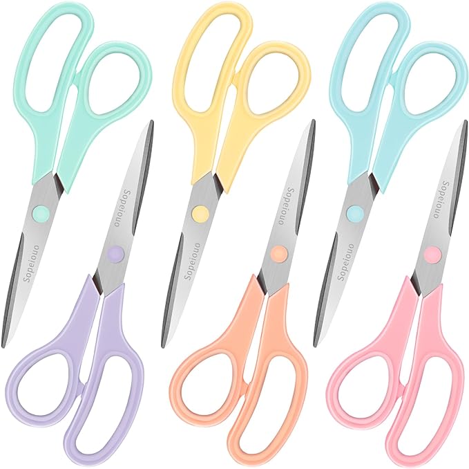 6 Pcs 8” Scissors, Sharp Stainless Steel Comfort Grip for Everyday Use | Right/Left Hand, All Purpose Scissor for Office Home School Craft Sewing Fabric Supplies, High/Middle School Student Teacher