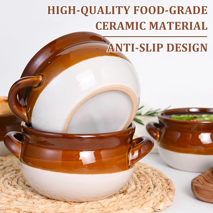 Vumdua French Onion Soup Bowls with Handles, 22 oz Ceramic French Onion Soup Crocks Oven Proof for Chilli, Cereal, Pot Pies - Oven, Broil & Dishwasher Safe, Set of 4