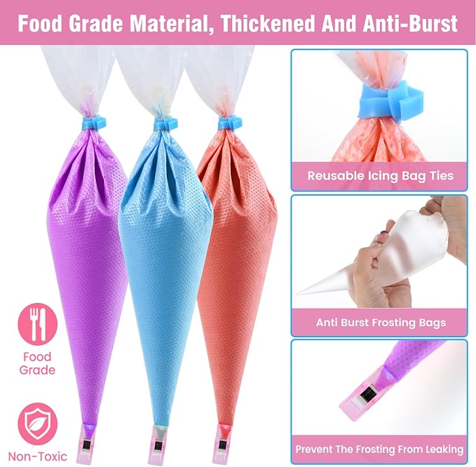 firstake Piping Bags Disposable 14 Inch 100pcs for Cake Decorating | Food Grade, Anti-Burst, Non-Slip, Smooth Interior, 5 Icing Bag Ties + 5 Clips + 3 Scrapers + 1 Scriber Needle