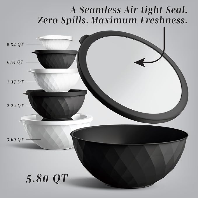 COOK WITH COLOR Mixing Bowls with Lids - 12 Piece Plastic Nesting Bowls Set includes 6 Prep Bowls and 6 Lids, Microwave Safe Mixing Bowl Set, Black and White Diamond