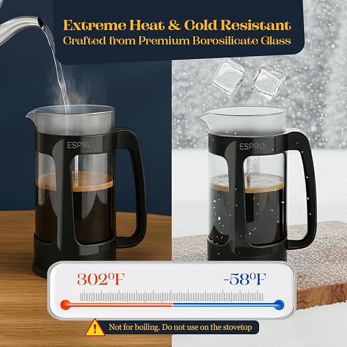 ESPRO Light P3 French Press Coffee Maker – Patented Double Micro-Filter for Grit-Free Brew, Heat Resistant thicker Borosilicate Glass Coffee press – (Black, 32 oz) (Pack of 2)