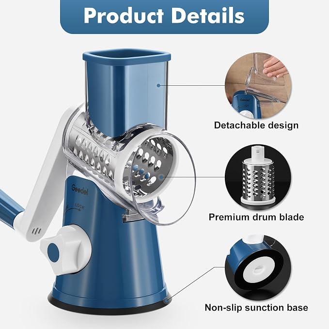 Geedel Rotary Cheese Grater Hand Crank, Cheese Shredder Vegetable Slicer | 3 Blades, 430 Stainless Steel, 12x Fast Cutting, Strong Suction Base, No BPA, Dishwasher Safe, for Cheese, Veggie, Nut