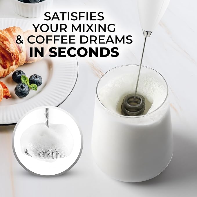 Zulay Kitchen Powerful Milk Frother Wand With Duracell Batteries - Ultra Fast Handheld Drink Mixer - Electric Whisk Foam Maker for Coffee, Lattes, Cappuccino & Matcha - Triple Whisk - Luna White