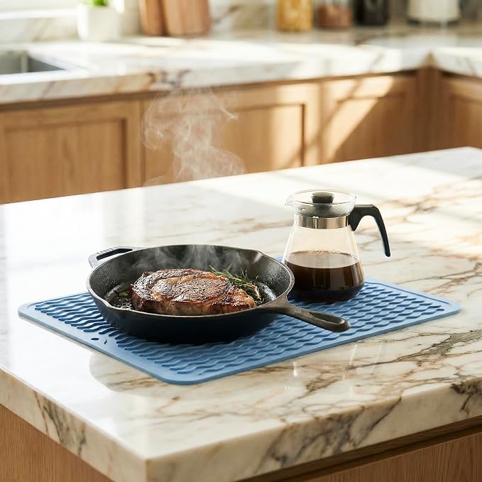 MicoYang Silicone Dish Drying Mat — Quick-Dry Ridges Counter & Sink Pad, Heat-Resistant Trivet to 450°F, Non-Slip & Dishwasher Safe, Roll-Up Storage, 18 Colors & 9 Sizes (Light Blue, 16"×12")