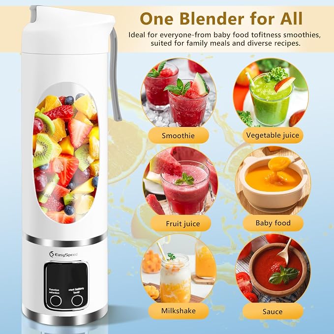 EASYSPEED Portable Blender Electric USB-C, 500ML Personal Juicer for Shakes, 12 Blades, 1500mAh Rechargeable, BPA Free, 18oz Small Blender with Leakproof Lid & Sip Spout, Mixing, Compact