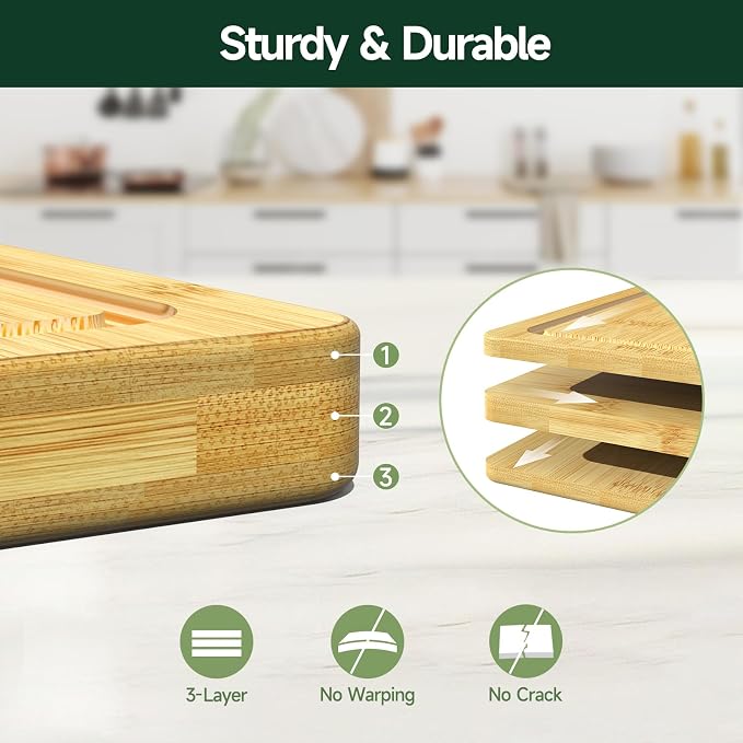 3-Piece Set Deep-Carbonized Bamboo Cutting Board for Kitchen, Natural | Crack-Resistant Wood Chopping Boards with Deep Juice Grooves, Pre-Oiled Butcher Block for Meat, Vegetables & Cheese