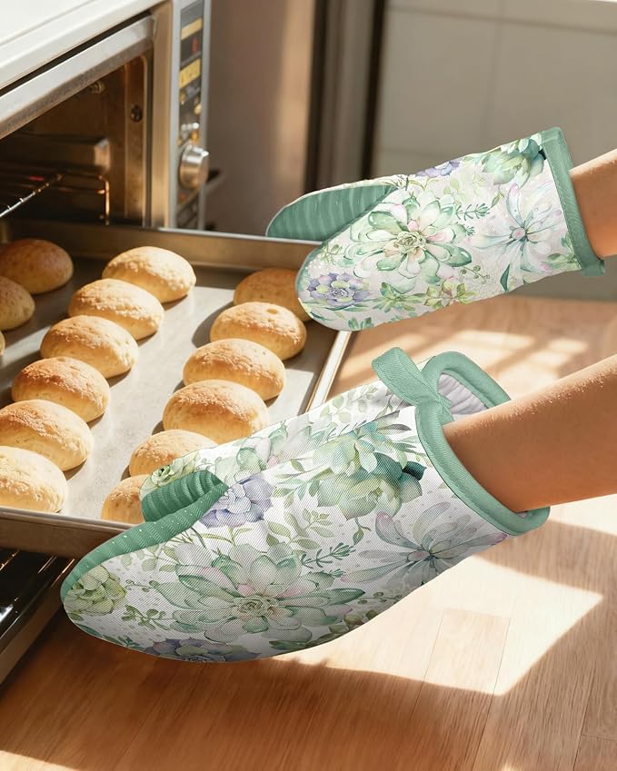 100% Thick Cotton Mini Oven Mitts Silicone Grip Bright Succulents | Elegant Classic Oven Mitts for Women, Machine Washable, Non-Slip, Reversible Design Fits Both Hands, Stylish Kitchen Decor