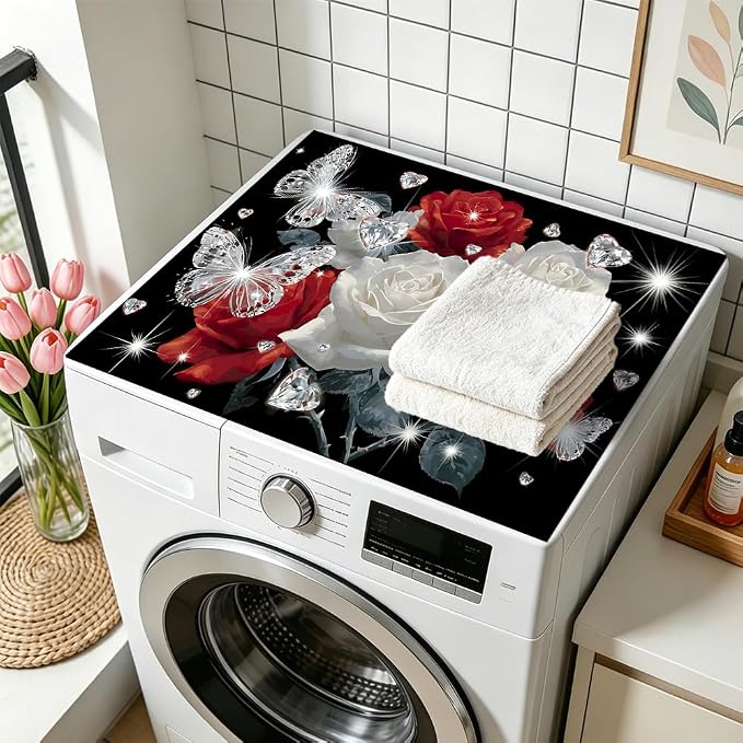 Rose Butterfly Washer Dryer Top Cover Mat 28.35x20.47 in | Heat Resistant Cooktop Protector Mat with Non-Slip Backing, Scratch Protection and Countertop Drying Mat.