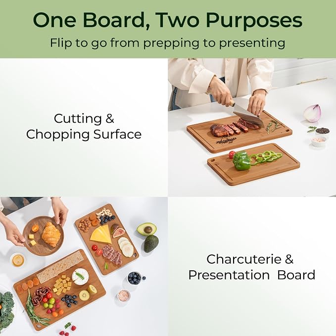 Keechee Carbonized Bamboo Cutting Board Set of 2, Wood Kitchen Boards | Non Toxic, Resisted-Cracking&Curling, Deep Juice Groove, Side Handles,Cross-Laminated Structure, Knife-Friendly