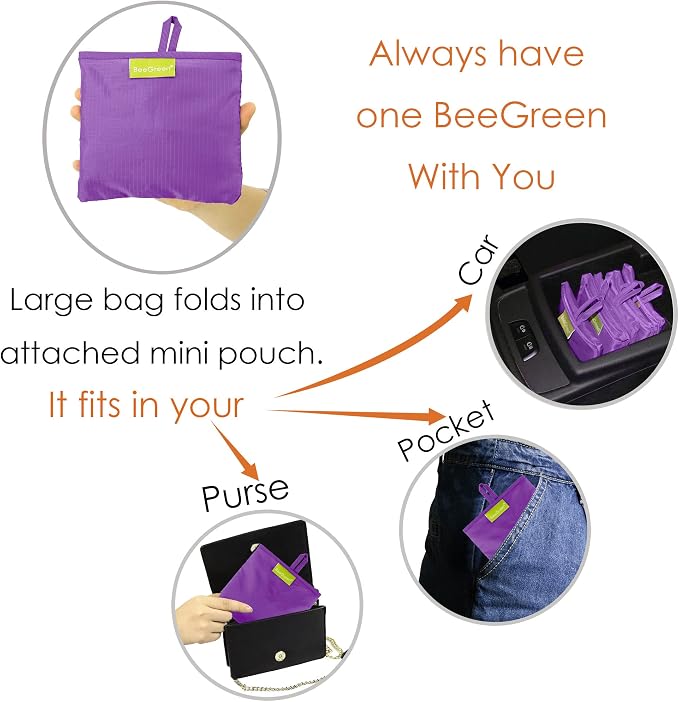 BeeGreen Purple Reusable Grocery Bags Wholesale Purple Reusable Kitchen Bags Bulk Foldable-Machine Washable with Zipper Storage Pouch 50 Packs