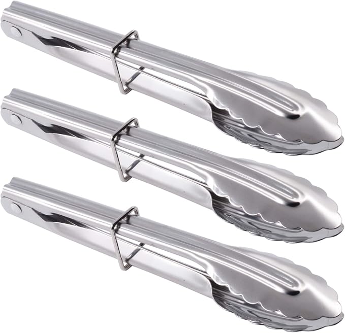 HINMAY Mini Stainless Steel Serving Tongs Small Tongs Set (7-Inch 3 Pieces) | Small Metal Tongs for Serving Food Cooking Salad Grilling