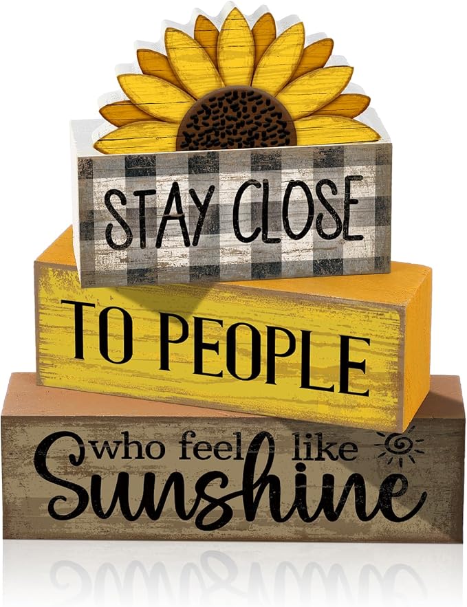 Lineshading 4 Pcs Sunflower Wooden Block Signs Farmhouse Tabletop Decor | Rustic Tiered Tray Decor for Home, Indoor Summer Table Decorations with Inspirational Quote, Farmhouse Gift