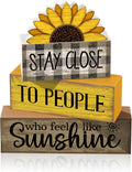 Lineshading 4 Pcs Sunflower Wooden Block Signs Farmhouse Tabletop Decor | Rustic Tiered Tray Decor for Home, Indoor Summer Table Decorations with Inspirational Quote, Farmhouse Gift