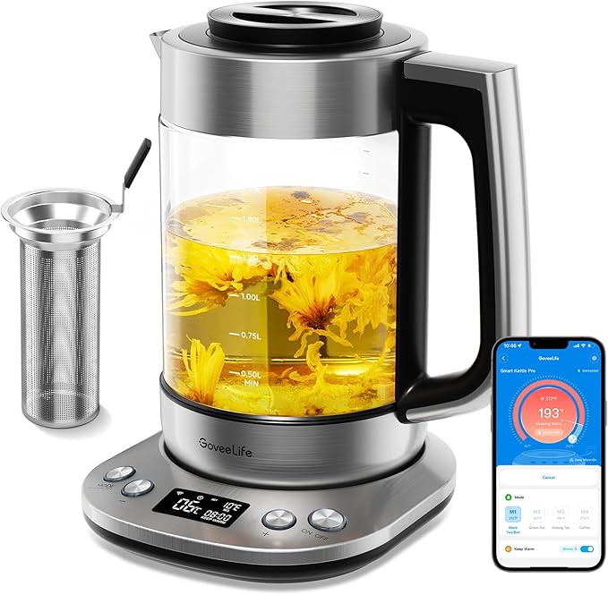 GoveeLife Smart Electric Kettle with Tea Infuser for Loose Leaf, 1.7 L Electric Tea Kettle with Brewing Program, Variable Temperature Control, 2 H Keep Warm & Auto Shut off, BPA Free, Sliver | Electric Tea Kettle with Brewing Program, Variable Temperat...