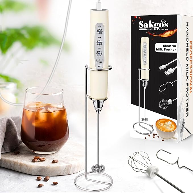 Milk Frother Wand Rechargeable Handheld Electric Whisk 3 Speed Adjustable | Coffee Frother Wand with 3 Stainless Whisks Electric Foam Maker Drink Mixer Blender for Latte Cappuccino Matcha Egg