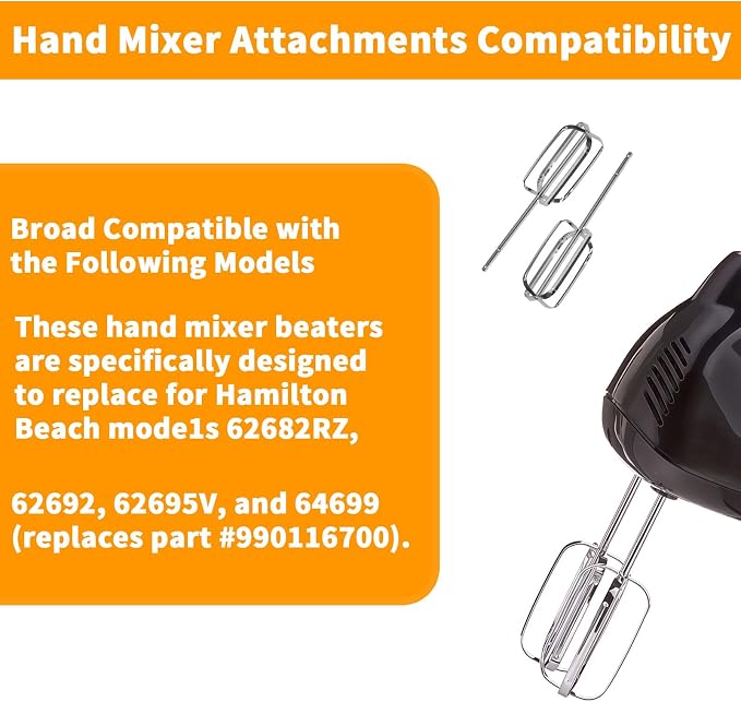 Hand Mixer Beaters for Hamilton Beach 2-Pack | Stainless Steel Whisk Attachments, fits 62682RZ/62692/62695V/64699, for Baking, Eggs, and Creams.
