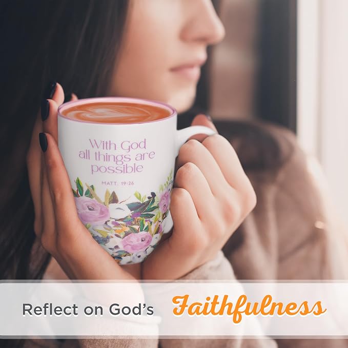 Christian Art Gifts Inspirational Ceramic Coffee & Tea Scripture Mug for Women: All Things are Possible Encouraging Bible Verse, Cute Microwave & Dishwasher Safe Drinkware, White & Pink Floral, 12 oz.