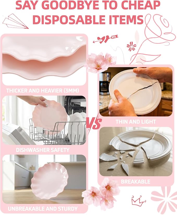 LIYH 24 Pcs Pink Plastic Plates Reusable, Pink Scalloped Plates Durable and Dishwasher Safe, Light Weight Daisy Wavy Plate Parties, Birthday, Picnics, BPA Free(12Guests)