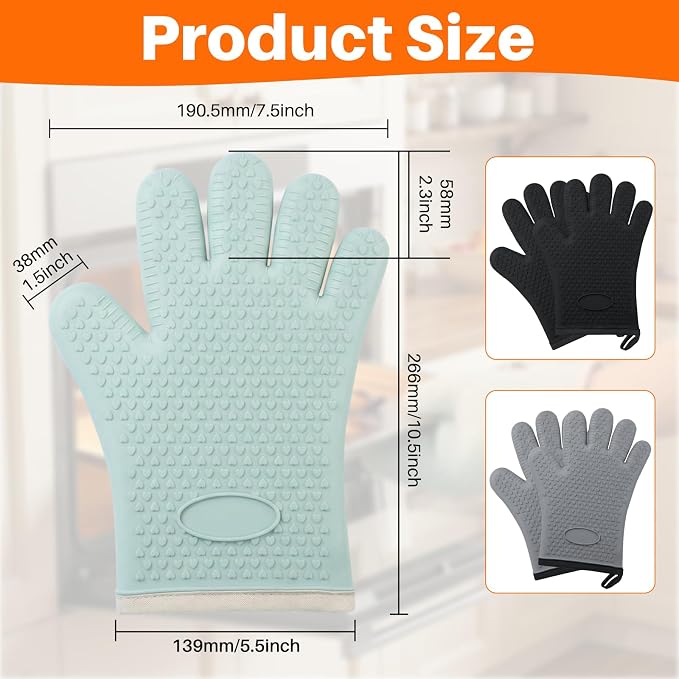 2Pack Heat Resistant Oven Mitts & Silicone Gloves with Fingers, Non-Slip Grip Food Grade Safety Mitts, Waterproof Kitchen Gloves for Cooking(Green)