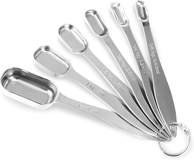 6-Piece 18/8 Stainless Steel Measuring Spoons Set, Silver | Six Engraved US and Metric Sizes From 1/8 TSP to 1 Tbsp Fit Narrow Spice Jars and Stay Together On an O-shaped Ring