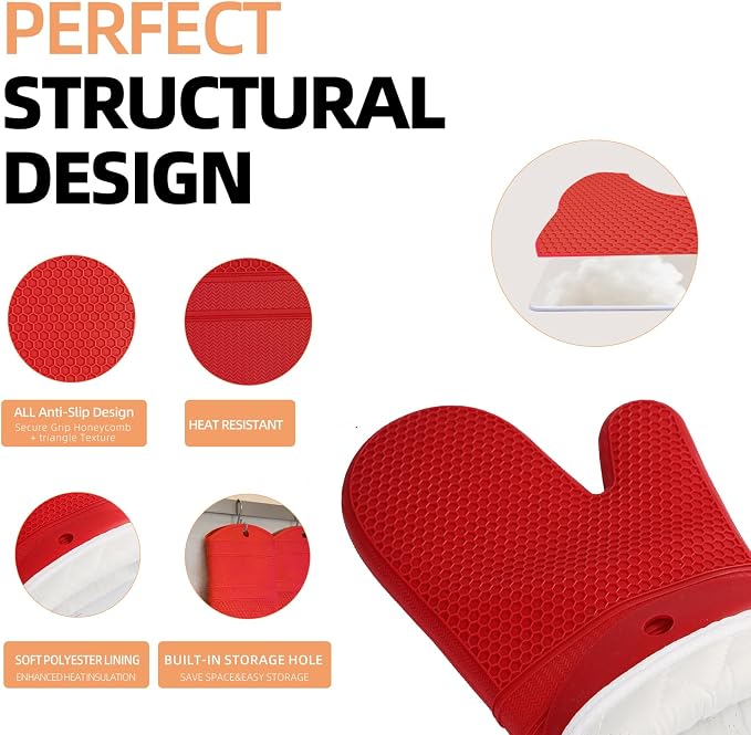 YUTAT Silicone Oven Mitts,Heat Resistant 2PCS Oven Mitts with Soft Polyester Filling,Kitchen Potholder Set - Perfect for BBQ, Baking and Cooking,RED,2 Pcs Set