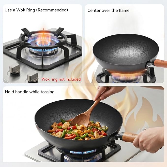 WANGYUANJI 11 Inch Round Bottom Iron Wok, Hand-Hammered Uncoated Wok with Wooden Handle, Traditional Stir-Fry Pan for Gas Stove or Wok Ring, Not for Flat Cooktops