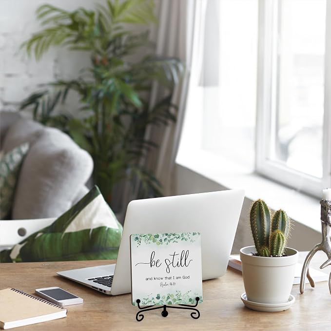 Inspirational Christian Desk Decor, Be Still And Know That I Am God Eucalyptus Sign, Desk Decorations For Office Home Living Room Bathroom, Eucalyptus Shelf Decor, Wooden Plaque With Stand (07)
