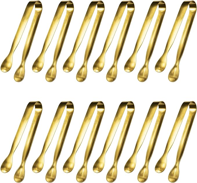JCREN 12 Pcs Serving Tongs, Small Serving Utensils for Parties Catering Gold Tongs, Small Stainless Steel Mini Appetizer Tongs for Tea Party Coffee Bar, 4 Inches - Gold