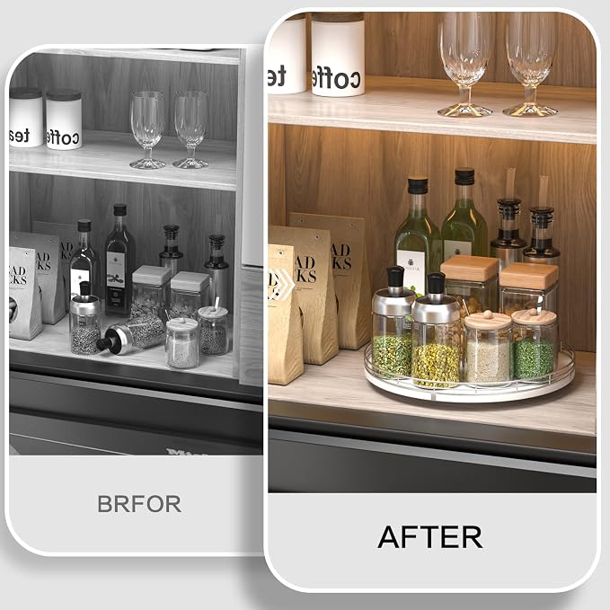 Oroyutor 12-Inch Oak Lazy Susan Spice Organizer with Silver Metal Rail | Rotating oak tray organizes spices, toiletries and decor on kitchen counters, bathroom vanities, dining and coffee tables.