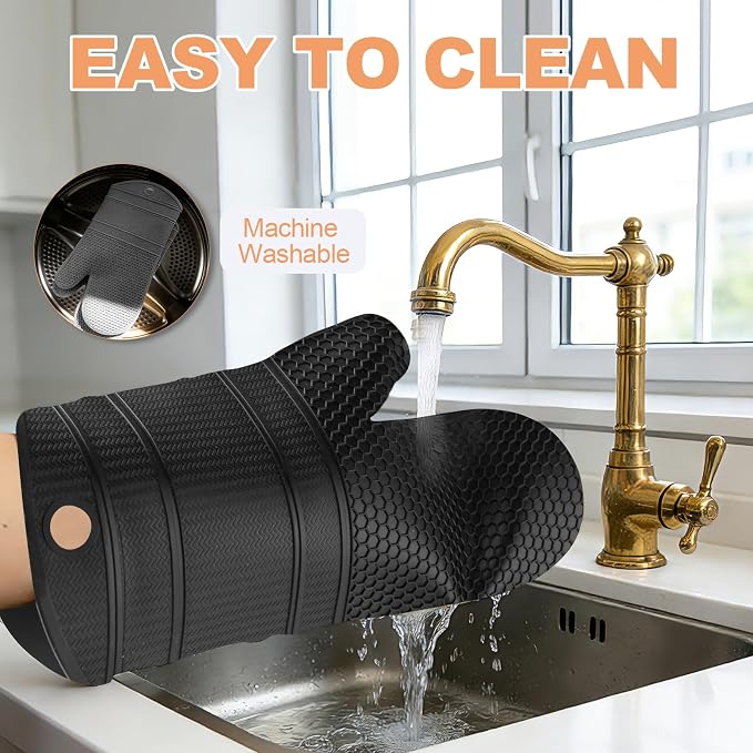 YUTAT Silicone Oven Mitts,Heat Resistant 500F Kitchen Mitts 2PCS,Perfect for BBQ, Baking and Cooking,Black