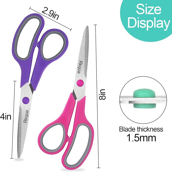Scissors Set of 6 Pack, 8" All Purpose Sharp Shears for Everyday Use | Comfort-Grip Sharp Scissor for Office School Classroom Craft Sewing Supplies, High/Middle Student Teacher, Right/Left Handle