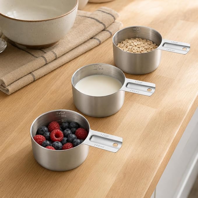 3PCS Measuring Cup, HIA 1 Cup Stainless Steel Metal Measuring Cups with Ergonomic Handle, Great for Wet and Dry Ingredients
